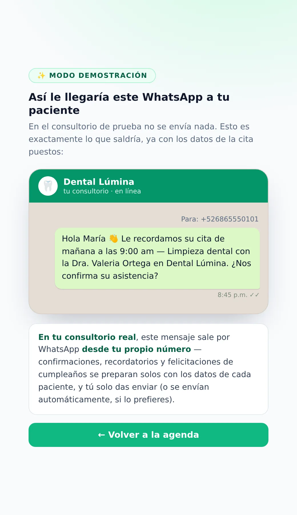 Recordatorio de cita por WhatsApp con botones para confirmar o reagendar